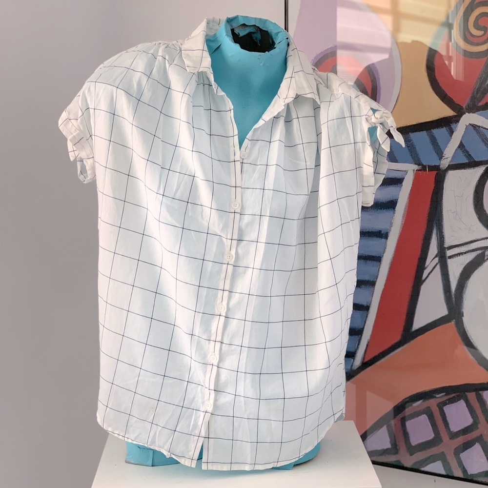 Madewell White Plaid Button Down Tie Sleeve Shirt Small